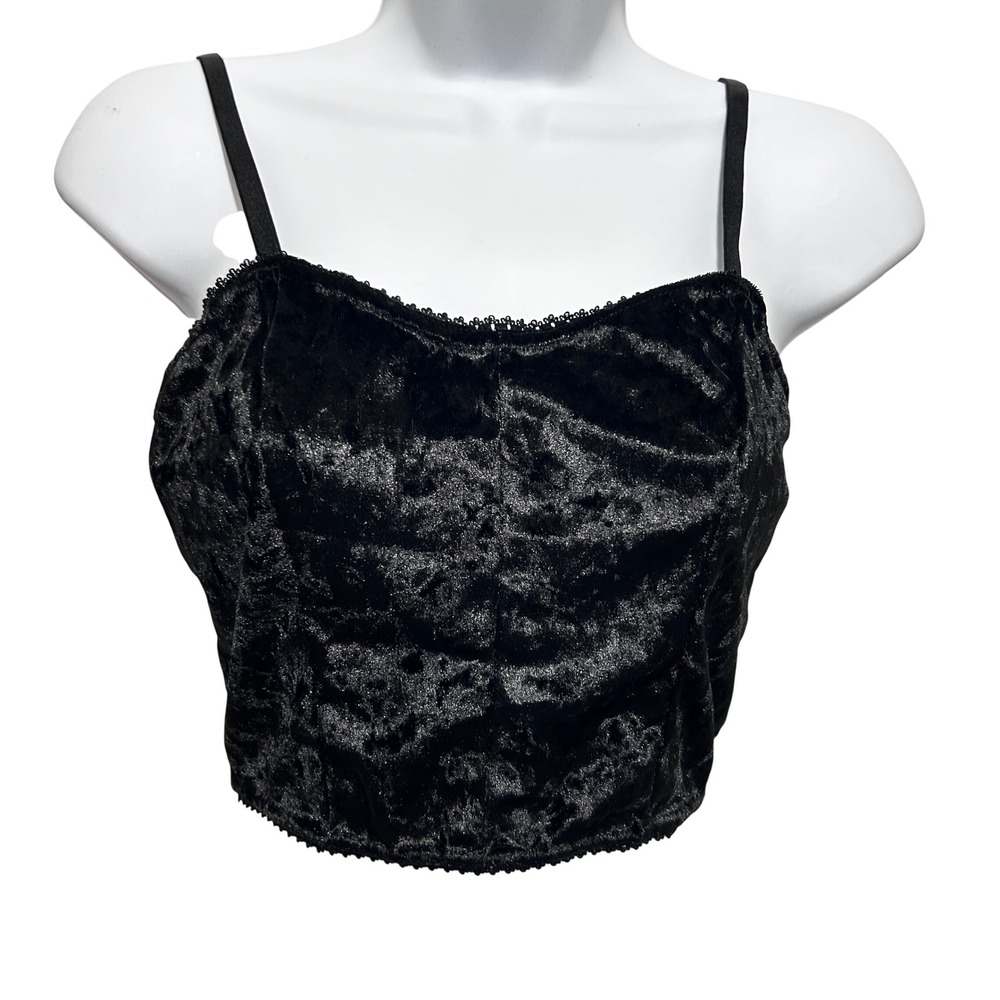 Y2K Goth Grunge Crushed Velvet Camisole Top S Black Picot Lace Trim Coquette